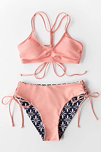 CUPSHE Damen Bikini Set mit Geflochtenen Trägern Reversible Bikinihose Geometric Print Bademode Zweiteiliger Badeanzug Rosa S