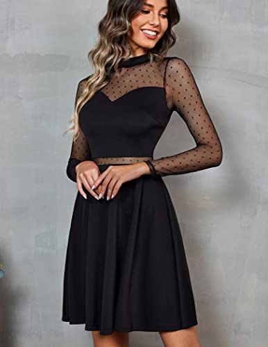 Zeagoo Damen Kleider Spitze Elegant A Linie Partykleider Hohe Taille CocktailKleider Minikleider Festliches SkaterKleider Einfarbig Mesh Kleider Sexy Swing Kleiderer Schwarz M