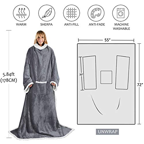 Catalonia TV-Decke Kuscheldecke ganzkörperdecke mit Ärmeln und Taschen Geschenk zweiseitige Decke Microplush Fleece Sherpa Warme Decken für Erwachsene Frauen Männer 183x140cm, grau