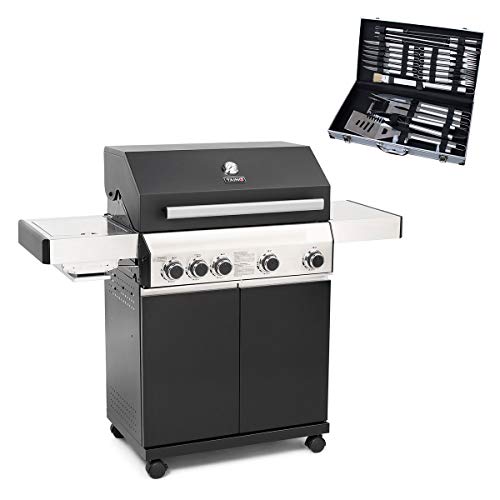 TAINO BLACK 4+1 Gasgrill Set inkl. Grillbesteckkoffer Power-Zone Sear-Burner Keramik-Brenner BBQ Grillwagen Griller Gusseisen Seitenkocher Piezozündung