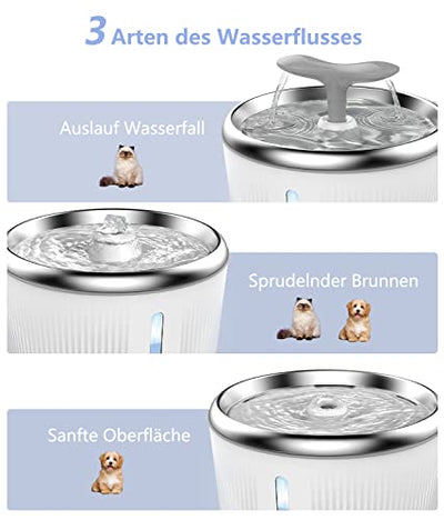 PewinGo Katzen Trinkbrunnen Edelstahl, Trinkbrunnen für Hunde Haustier Katzenbrunne rutschfest Automatisch Katze Wasserspender mit LED Nachtlicht, 4 Spielzeug and 1 Aktivkohlefilter - 2L