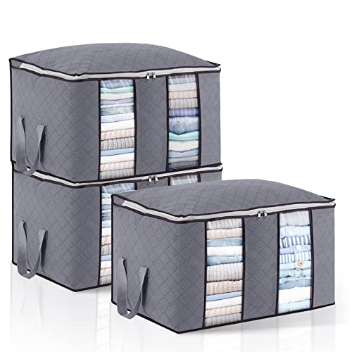 3 Stück 90L Groß Aufbewahrungstasche, Faltbare Unterbett Kleideraufbewahrung Schrank Organizer Set, für Kleidung, Decken, Steppdecken, Kissen -Grau, 60x43x35cm