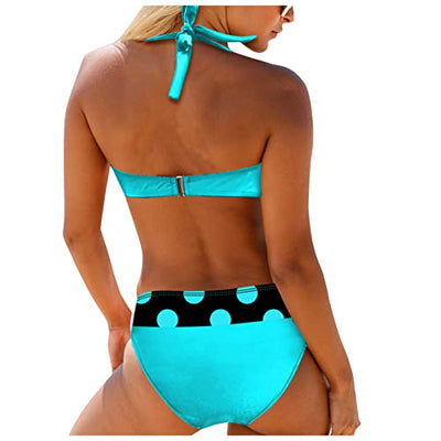 GOKOMO Damen Punkte Bikini Neckholder Sexy Badeanzug mit Cups Bauchweg Bademode Damen Bikini mit Tanga High Waist Bikini Triangel Push Up Sexy Gepolstert Große Größe Swimsuit(XL,Blau)