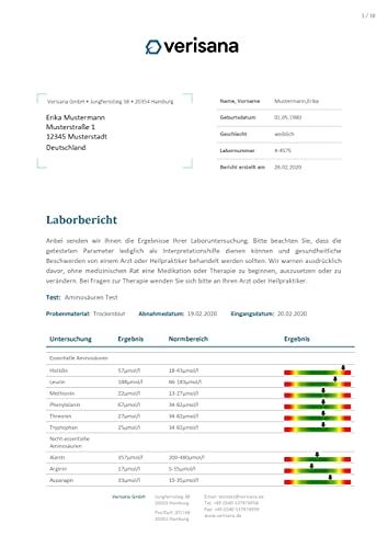 Aminosäure Test auf 18 Aminosäuren – Aminogramm inkl. essentielle Aminosäuren Leucin, Methionin, Phenylalanin, Threonin, Tryptophan, Valin