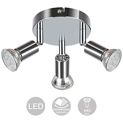 Creyer LED Deckenstrahler 3 Flammig, Schwenkbar LED Deckenleuchte, ø140mm (inkl. 3 x 4W GU10 LED Leuchtmittel, 400LM, Warmweiß) Modern Wohnzimmer LED Deckenspot, Rund LED Deckenlampe - Weiß Chrome