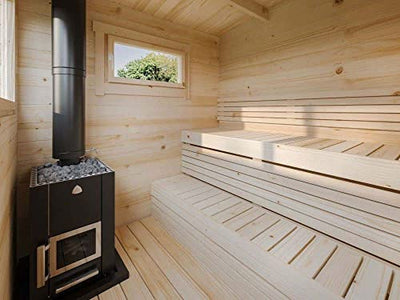 Polhus Gartensauna aus Holz Jorma, Outdoor-Sauna modern für 4 Personen, Außensauna Garten mit Panoramafenster aus Isolierglas, Saunahaus 239 x 288 x 227 cm, naturbelassen