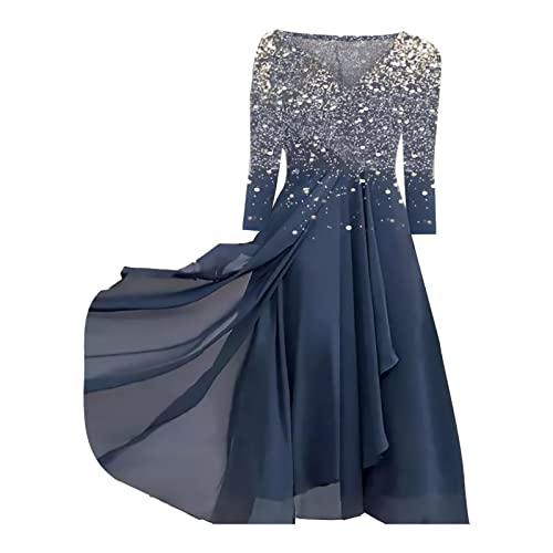 Damen Chiffon Kleider Lässig Mode Patchwork Unregelmäßiger Saum Tunikakleid Blumendruck V-Ausschnitt Lange Ärmel Abendkleider Lange Eleganter Ballkleid Partykleid Midikleid Wickelkleid