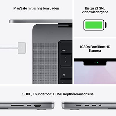 2021 Apple MacBook Pro (16", Apple M1 Pro Chip mit 10‑Core CPU und 16‑Core GPU, 16 GB RAM, 512 GB SSD) - Space Grau