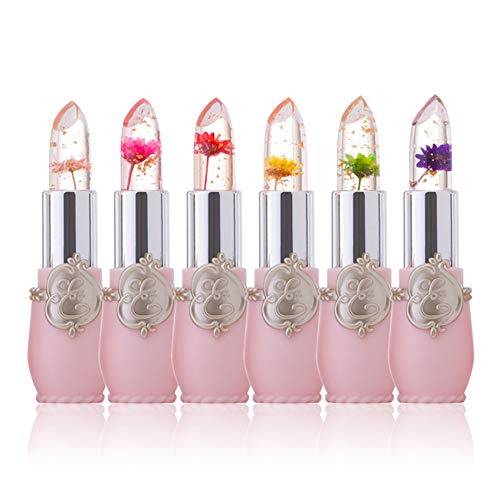 Clear Flower Jelly Lippenstift, 6 Packungen Nahrhafte Feuchtigkeitscreme Lippenbalsam Temperatur Farbwechsel Lippenstift Matt Lang anhaltender Lipgloss (Rosa)