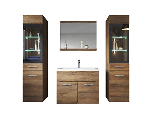 Badezimmer Badmöbel Set Rio XL LED 60cm Waschbecken Braun Eiche - Unterschrank 2X Hochschrank Waschtisch Möbel