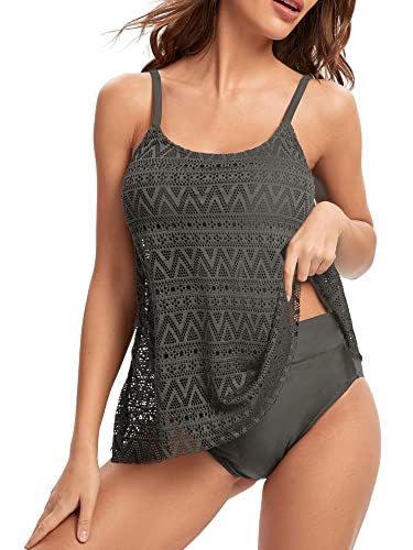 Sporzin Tankini Damen Push Up Spitze Tankini Top mit Slip Bikini Damen High Waist Zweiteilig Badeanzug Damen Tankini Damen Große Größe Elegantes Tankinis für Damen (Grau)