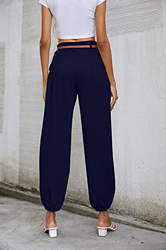 OEAK Damen Leinen Hose Haremshose Lang Chino Einfarbig Sommerhose Pumphose Aladinhose Pluderhose Baggy Harem Stil Strandhose mit Gürtel,Marine,Gr.L