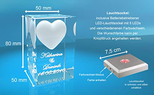 VIP-LASER Kristall Glas 3D Herz mit Wunschtext inkl. LED Leuchtsockel Silber & Gravur | Personalisiertes Geschenk graviert für Frauen und Männer | Geschenkidee zu Weihnachten Valentinstag Jahrestag