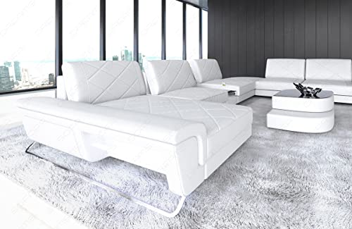 XXL Sofa Wohnlandschaft Bari in Leder Sofa mit USB-Anschluss Kopfstützen LED-Licht Ledersofa Designersofa Couch (Ottomane Links (auf Sofa blickend), Weiss)