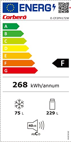 Corberó E-CF2PH172W Kühlschrank mit 2 Türen, Maße 172 x 60, Fassungsvermögen 304 l, integrierter Griff, umkehrbare Türen, 40 dBA, Crisper, Glaseinlegeböden, Energieeffizienz F