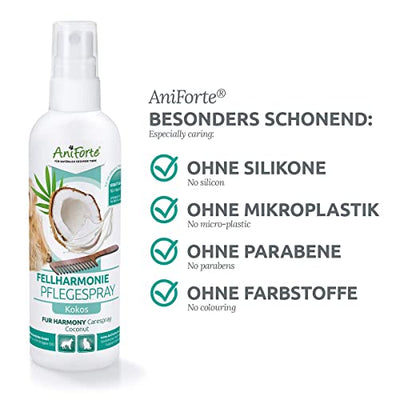 AniForte Fellharmonie Pflegespray Kokos Entfilzungsspray Katzen & Hunde 200ml - Sanfte Pflege für Fell & Haut, Fellspray, Fellpflege Spray für glänzendes Fell, Entfilzung, Kämmhilfe & Entwirrungsspray