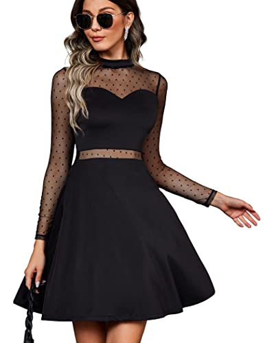 Zeagoo Damen Kleider Spitze Elegant A Linie Partykleider Hohe Taille CocktailKleider Minikleider Festliches SkaterKleider Einfarbig Mesh Kleider Sexy Swing Kleiderer Schwarz M