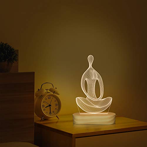 Yoga Lampe LED 3D Kunst Nachtlicht für Mädchen Frauen Meditation Liebhaber Geburtstagsgeschenke, USB Power Warme Farbe Holz Basis Tischlampen