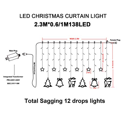 138 LED 2.3m Lichterkette Warmweiß,Lichtervorhang mit 8 modi und Timer,Sterne & Weihnachtsmuster, Weihnachtsbeleuchtung Innen/Außen, IP44 Wasserdicht Dekoration Für Christmas Weihnachtsdeko