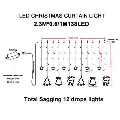 138 LED 2.3m Lichterkette Warmweiß,Lichtervorhang mit 8 modi und Timer,Sterne & Weihnachtsmuster, Weihnachtsbeleuchtung Innen/Außen, IP44 Wasserdicht Dekoration Für Christmas Weihnachtsdeko