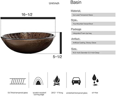 ARTETHYS Waschbecken Glas Aufsatzwaschbecken mit Wasserhahn Ablaufgarnitur, Round Waschschale Waschtisch Set Braun, Bad Küche, Gäste WC