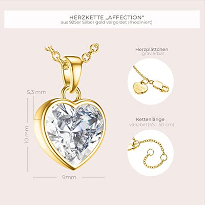 Amoonic Damen Herzkette *Affection* aus Silber 925 Gold vergoldet mit Zirkonia Herz-Anhänger I Eine Halskette zum Verlieben | Perfektes Liebesgeschenk