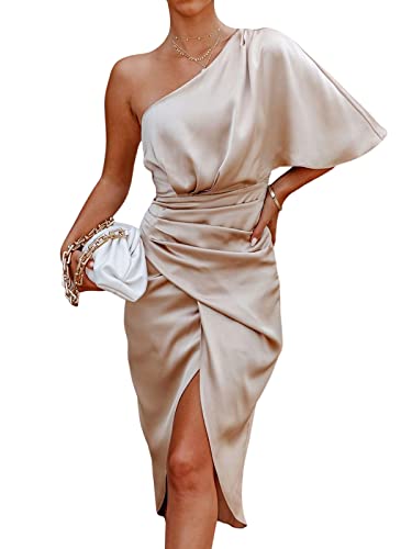 CUPSHE Damen One Shoulder Kleid in Satinoptik Raffungen Beinschlitz Asymmetrischer Partykleid Cocktailkleid Midi Dress Champagne M