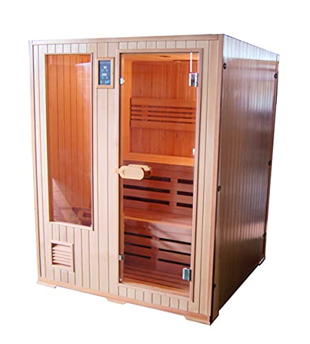 Traditionelle Sauna hergestellt aus hochwertiger Hemlocktanne | Inkl. komplettem Zubehör | Dampfsauna für 3 Personen | Aufgusssauna Finnische Sauna Maße: 152 x 152 x 190 cm