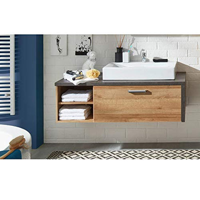 trendteam Badezimmer Waschbeckenunterschrank Unterschrank Bay, 123 x 39 x 53 cm in Korpus Beton Stone Dekor, Front Eiche Riviera Honig inkl. Waschbecken