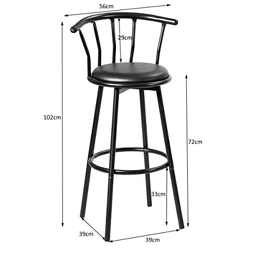 COSTWAY Barhocker 2er Set, Barstuhl mit Rückenlehne und Fußstütze, 360° drehbar, Sitzhöhe 72 cm, Drehhocker Tresenhocker Bistrohocker Küchenhocker, Metallgestell, schwarz