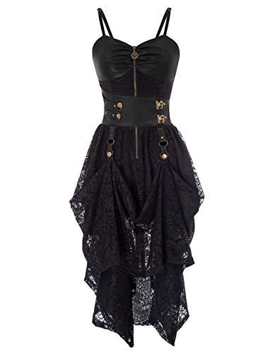 SCARLET DARKNESS Damen Slip Kleid Gothic Steampunk PU Leather Lace High-Low Saum Kleid Halloween kleid L Schwarz SL88-1