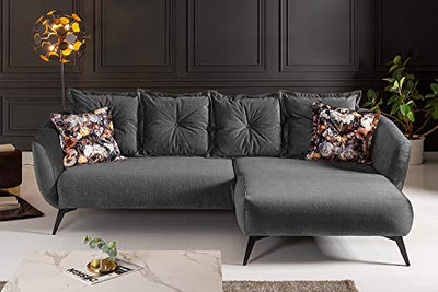 riess-ambiente.de Elegantes Ecksofa Desire 277cm grau Samt mit Zierkissen Retro Stil Sofa Eckcouch Couch