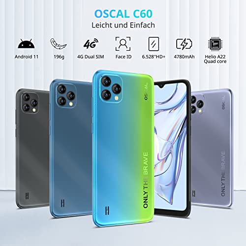 Smartphone Ohne Vertrag, OSCAL C60 4G Android 11 Handy Günstig mit 6.5 Zoll HD+ Display, 2.0 GHz Processor 4GB RAM 128GB Erweitern, 13+5MP Kamera, 4780mAh Akku, Dual SIM Handys mit 3-Kartenfächer