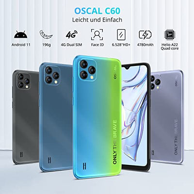 Smartphone Ohne Vertrag, OSCAL C60 4G Android 11 Handy Günstig mit 6.5 Zoll HD+ Display, 2.0 GHz Processor 4GB RAM 128GB Erweitern, 13+5MP Kamera, 4780mAh Akku, Dual SIM Handys mit 3-Kartenfächer