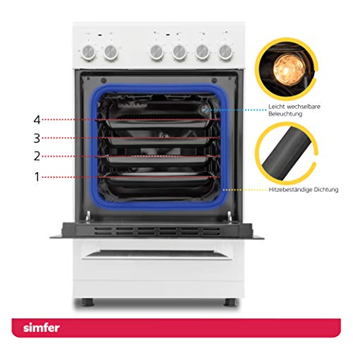 Simfer Standherd 50 cm mit Glaskeramik-Kochfeld SMF-FS 4227, 48 Liter, Elektroherd, 4 Hilight-Zonen, Grillfunktion, Backraumbeleuchtung, Backofentür