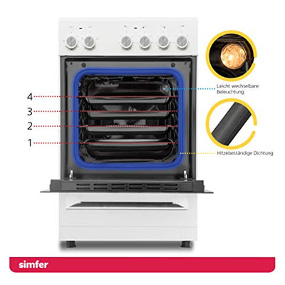 Simfer Standherd 50 cm mit Glaskeramik-Kochfeld SMF-FS 4227, 48 Liter, Elektroherd, 4 Hilight-Zonen, Grillfunktion, Backraumbeleuchtung, Backofentür