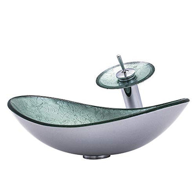 HomeLava Modern Waschbecken Glas Oval Set Hartglas Aufsatzwaschbecken mit Wasserfall Wasserhahn und Chrom Pop Up Ventil