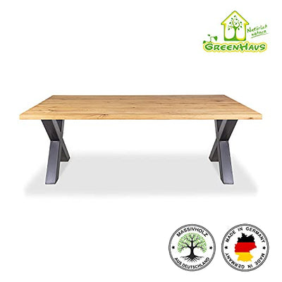 GREENHAUS Esstisch 240x100 cm Wildeiche 6 cm stark Massivholz und Handarbeit aus Deutschland Esszimmertisch X-Gestell Rohstahl