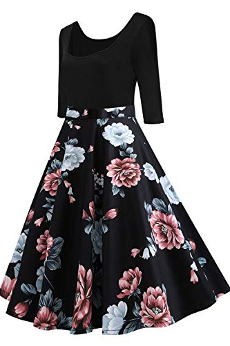 AXOE Damen Rockabilly Kleid Langarm 60er Jahre mit Blumenmuster Partykleid Farbe 6B, Gr.36, S