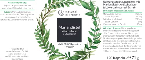 Mariendistel Artischocke Löwenzahn Komplex - 120 Kapseln - Hochdosiert mit 80% Silymarin - Ohne Magnesiumstearat, vegan