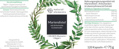 Mariendistel Artischocke Löwenzahn Komplex - 120 Kapseln - Hochdosiert mit 80% Silymarin - Ohne Magnesiumstearat, vegan