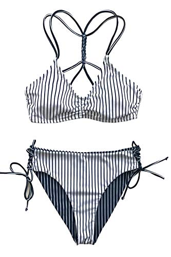 CUPSHE Damen Bikini Set mit geflochtenen Trägern Hinten Gestreifte Bademode Wende-Slip Zweiteiliger Badeanzug Weiß XL