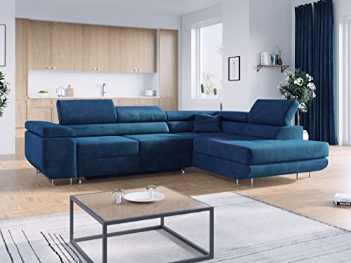 MKS MEBLE Ecksofa Wohnzimmer - Wohnlandschaft - L-Form Couch mit Schlaffunktion - Bettsofa - Wohnzimmer L Couch - Polstersofa mit Bettkasten - Gustaw Dunkelblau