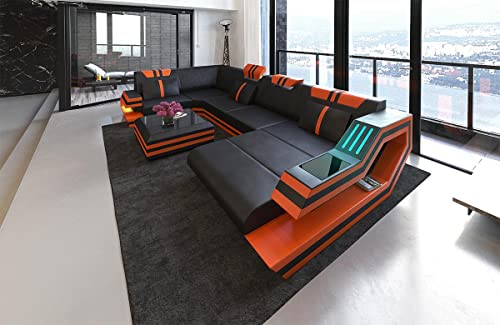 Wohnlandschaft Ravenna Sofa U Form Ledersofa - mit LED Beleuchtung, verstellbare Kopfstützen, Recamiere/Lederfarben wählbar/Ausrichtung wählbar (Ottomane rechts, Schwarz-Orange)