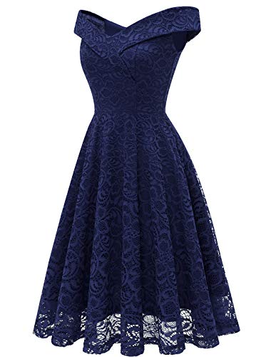 Homrain Damen Elegant Spitzenkleid Schulterfrei Rockabilly Kleid Schwingen Cocktail Abendkleider Brautjungfernkleider für Hochzeit Navy M