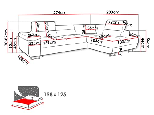 Ecksofa Torezio mit Bettkasten, Einstellbare Kopfstützen, Sofa mit Schlaffunktion, Eckcouch für Wohnzimmer, Polsterecke, L-Form Couch mit Bettfunktion, Wohnlandschaft (Seite: Rechts, Manila 18)