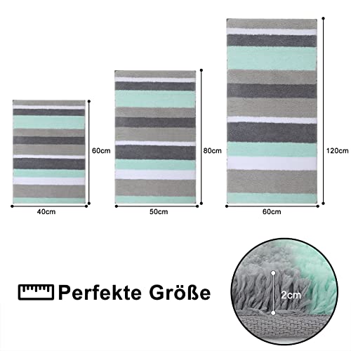 Homaxy rutschfest Badematten Set 2 teilig Mikrofaser Saugfähige Badteppich Set Weich Hochflor Badvorleger Set –40 x 60 cm + 40 x 120 cm, Grün/Grau