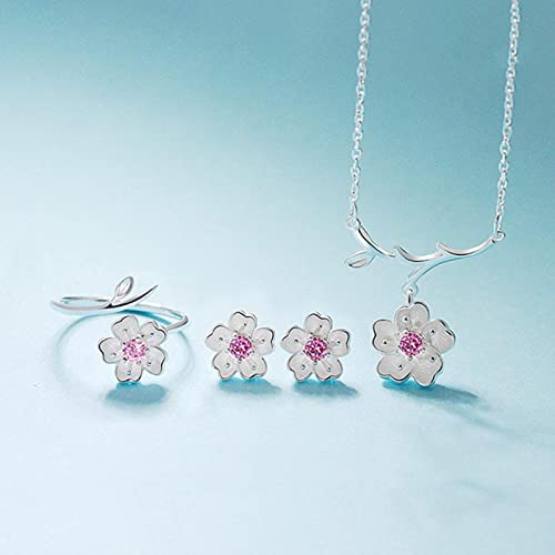 925 Silber Schmuck Sets Romantische Kirschblüten Blume Halskette + Ohrringe + Ring + Armband Für Frauen Hochzeit Schmuck Set