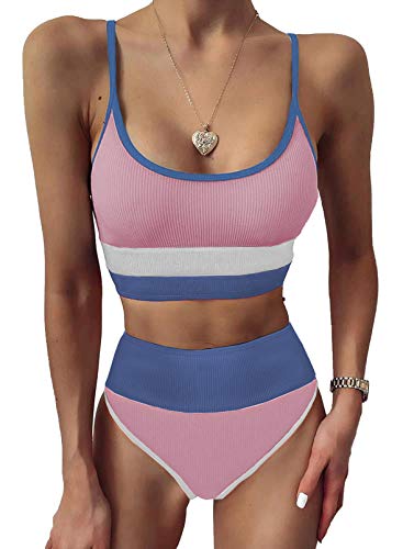 Aleumdr Bikini Damen Bademode Set Zweiteiliger Bikini Sets Damen sexy Badeanzug Push Up Badeanzüge Tankini Set Bauchweg Two Piece Swimsuit Schwimmanzug Damen Tankini Oberteil mit Badeshorts,Pink L