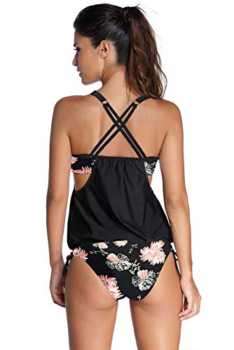 Aleumdr Tankini Set Damen Badeanzug Bauchweg Tankini Damen Push up mit Bügel Tankinis für Damen Tankini Oberteil mit Badeshorts Zweiteiler Bademode Bikini Set High Waist Beachwear Swimsuits Schwarz M